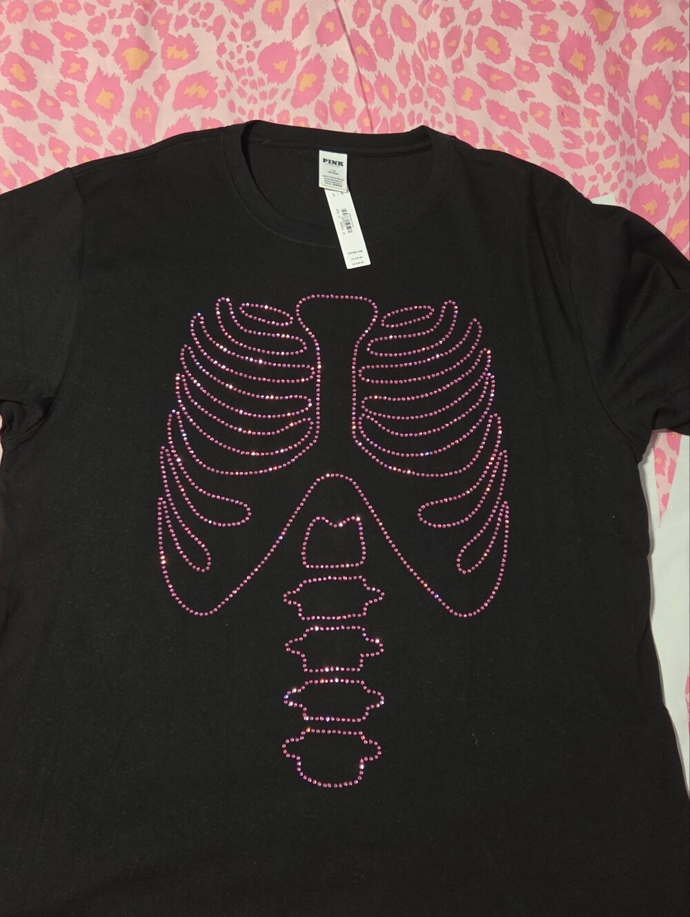VS PINK Victoria's Secret HALLOWEEN SKELETON BLING NWT TSHIRT LARGE OVS!!